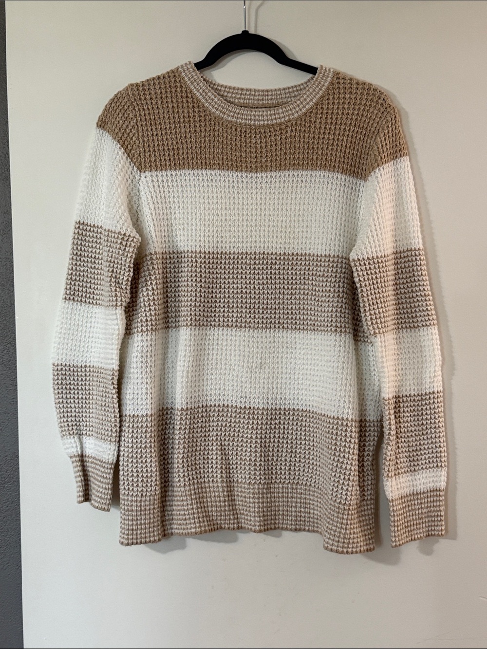 Pink Clover Cream and Tan Wide-Stripe Crewneck Sweater
